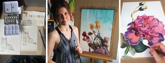 watercolor artist posing with her watercolor paintings