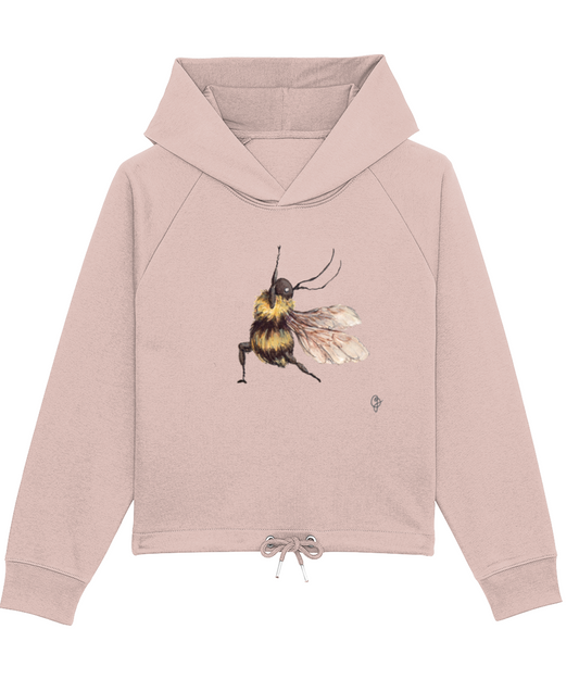 a pink yoga hoodie featuring a watercolour illustration of a bee doing yoga