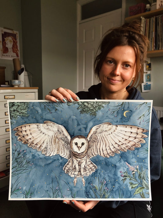 Owl In Flight Illustration | Watercolour