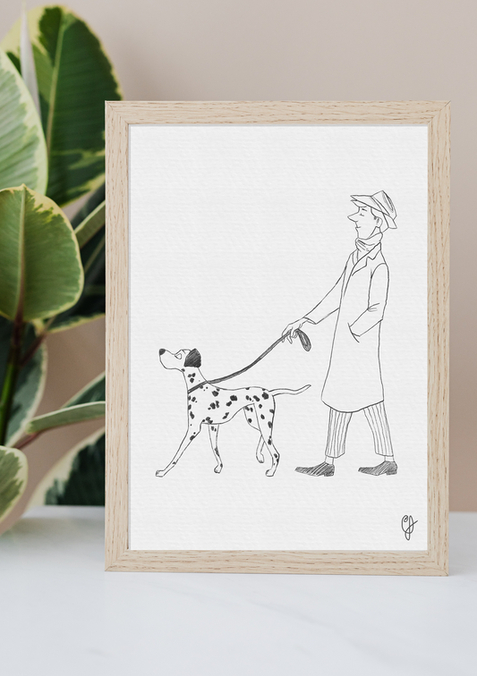 Hand drawn illustration of Roger walking his dalmatian dog, printed on excellent quality archival paper