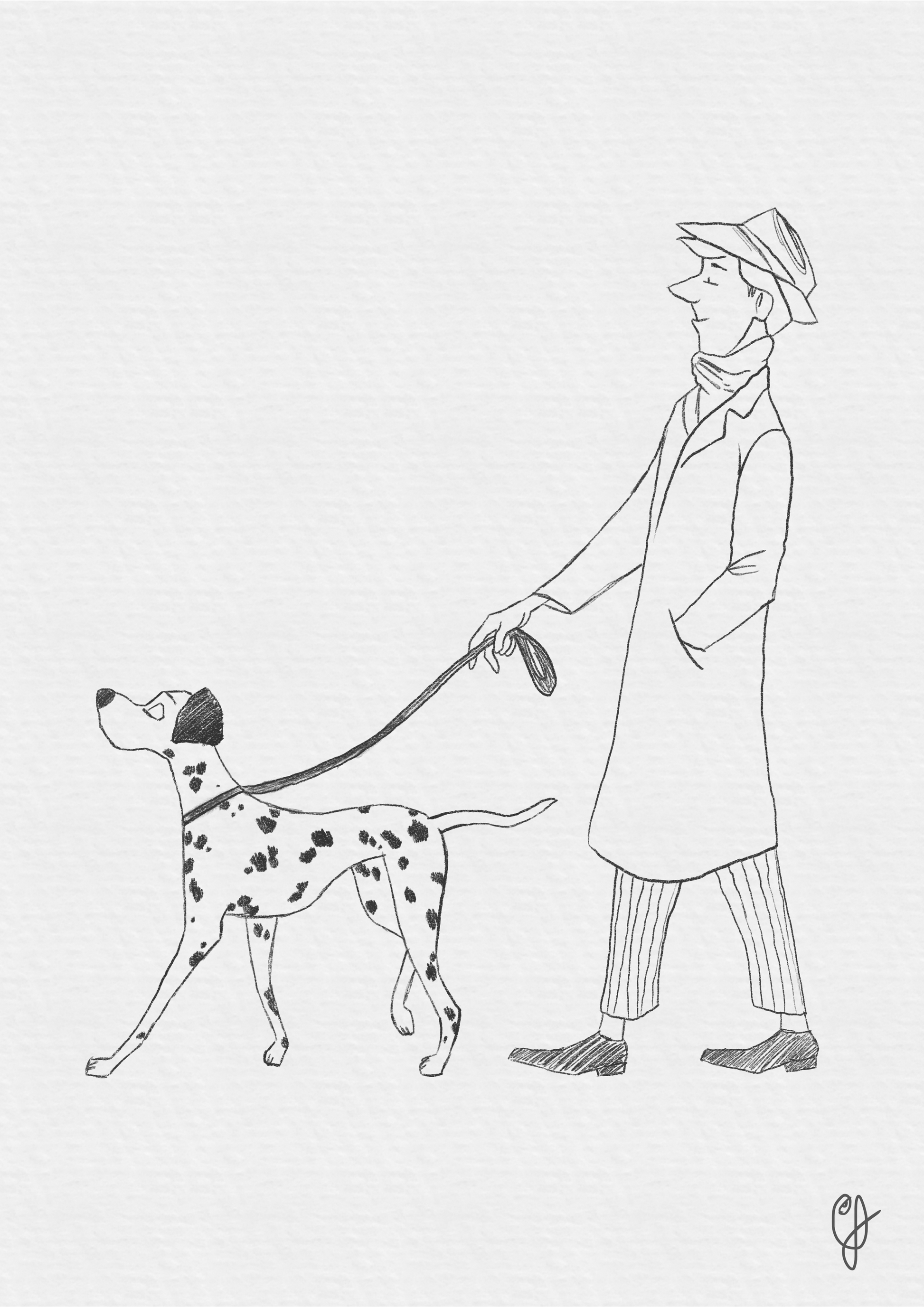 Hand drawn illustration of Roger happily walking his dalmatian dog