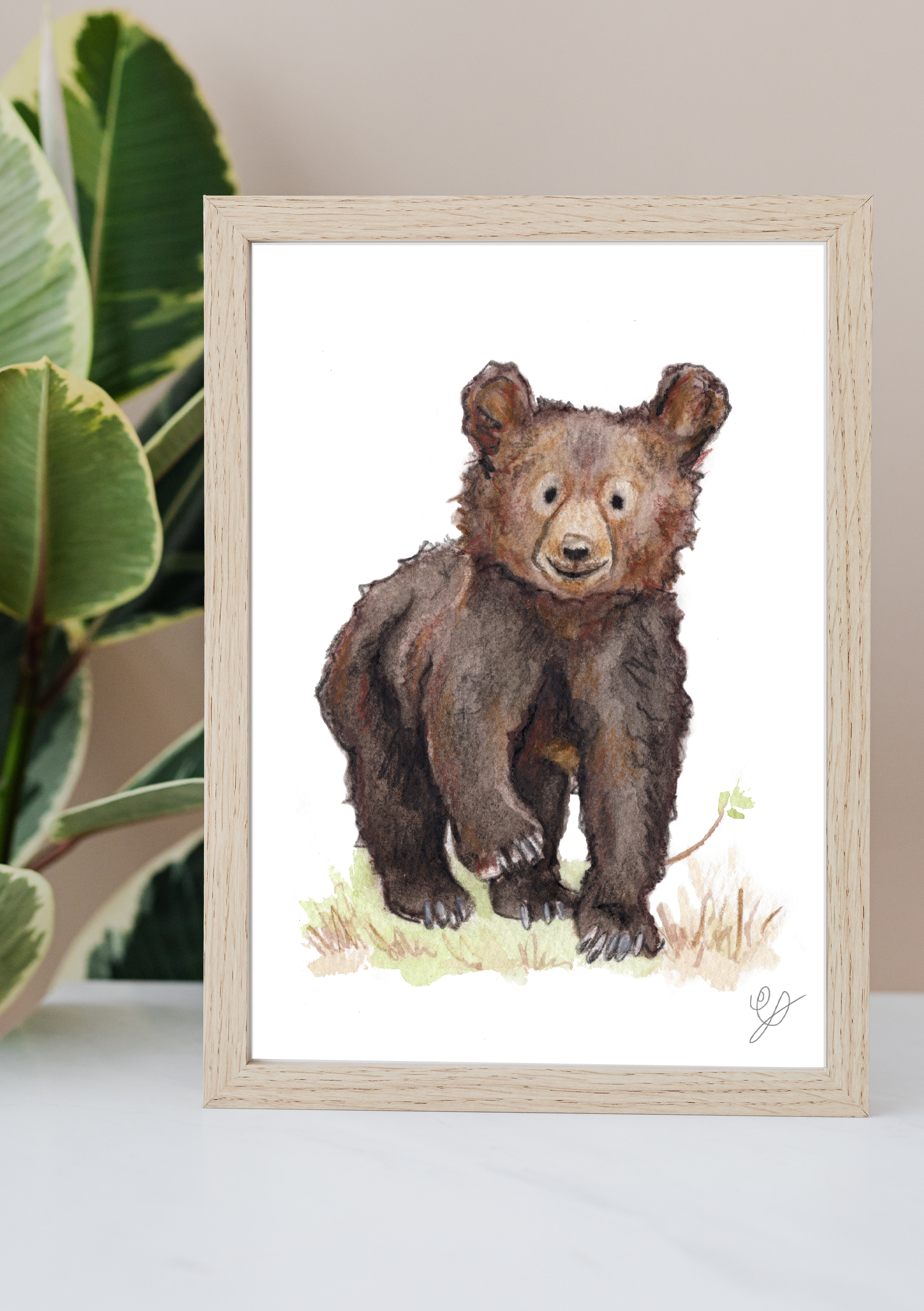 A framed watercolour painting of a bear cub