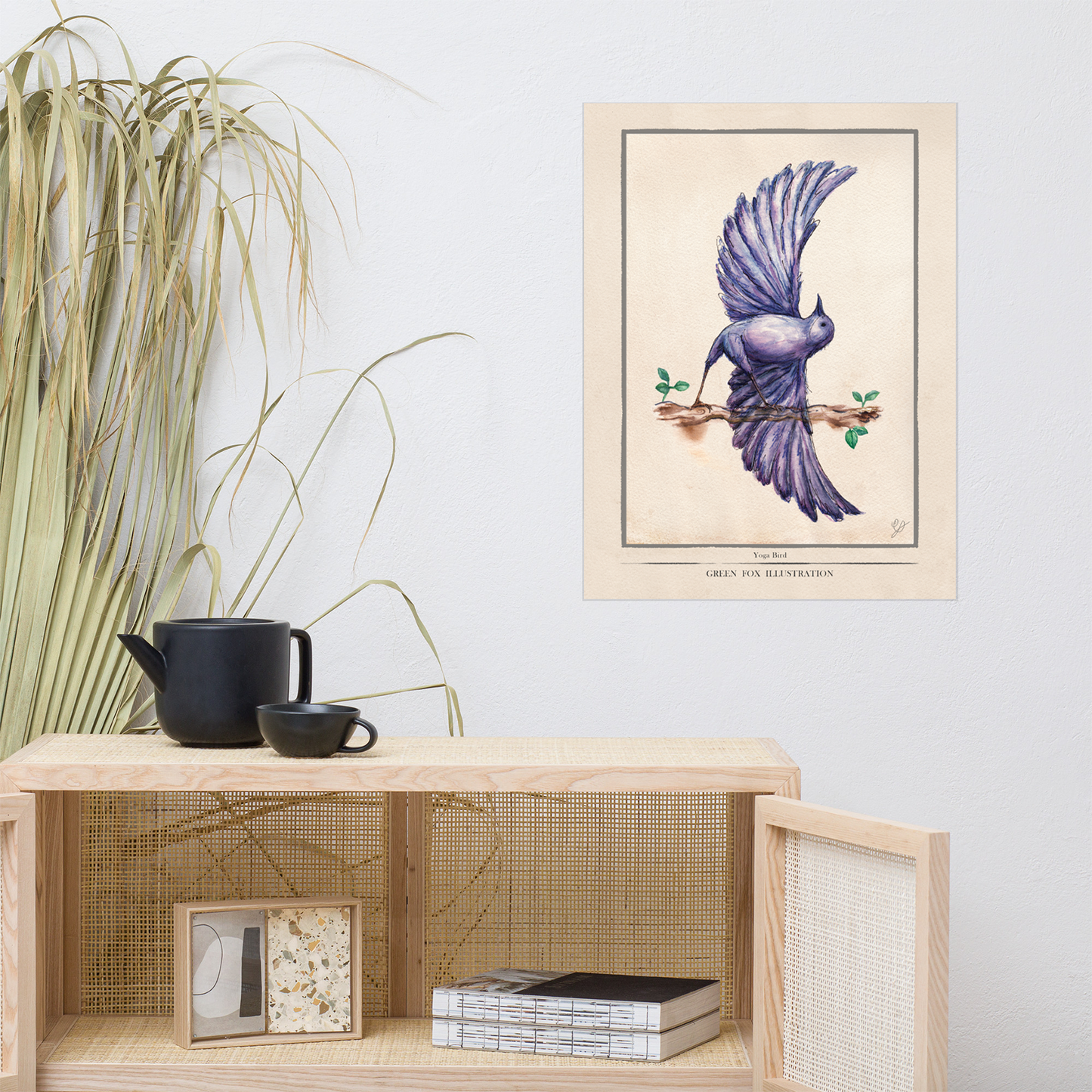 a poster up on the wall featuring a yoga bird illustration 