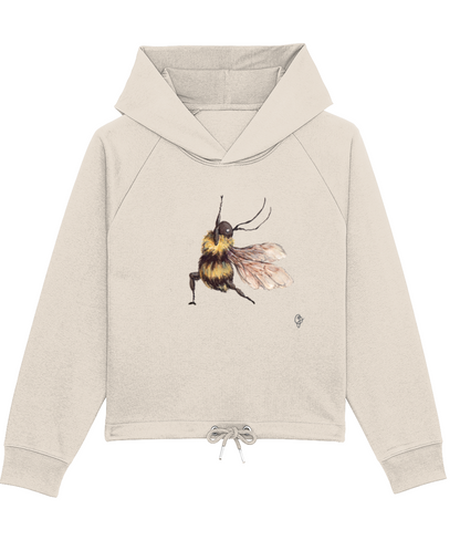 a cream yoga hoodie featuring a watercolour illustration of a bee doing yoga