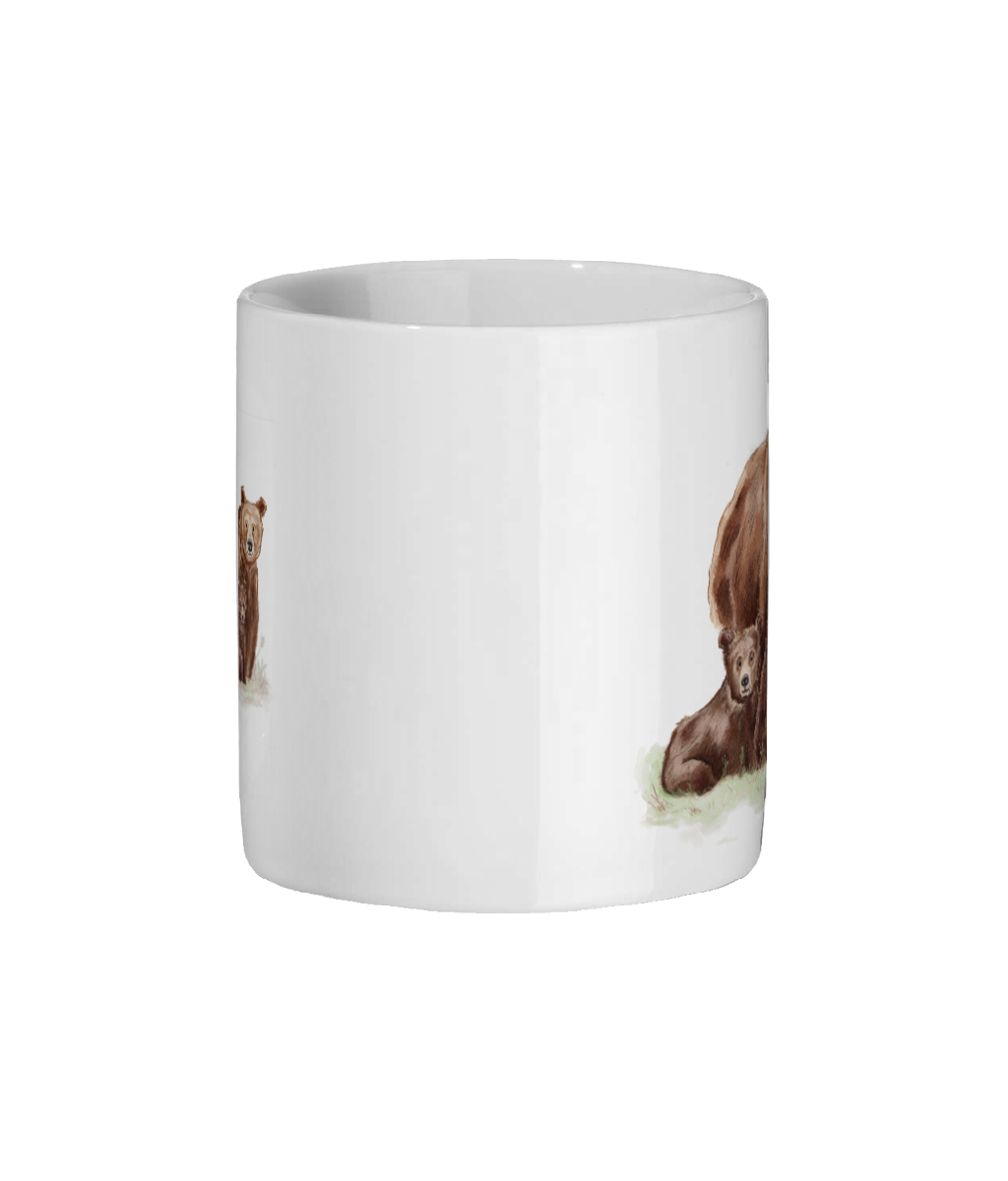 a white ceramic mug printed front and back with watercolour bears on