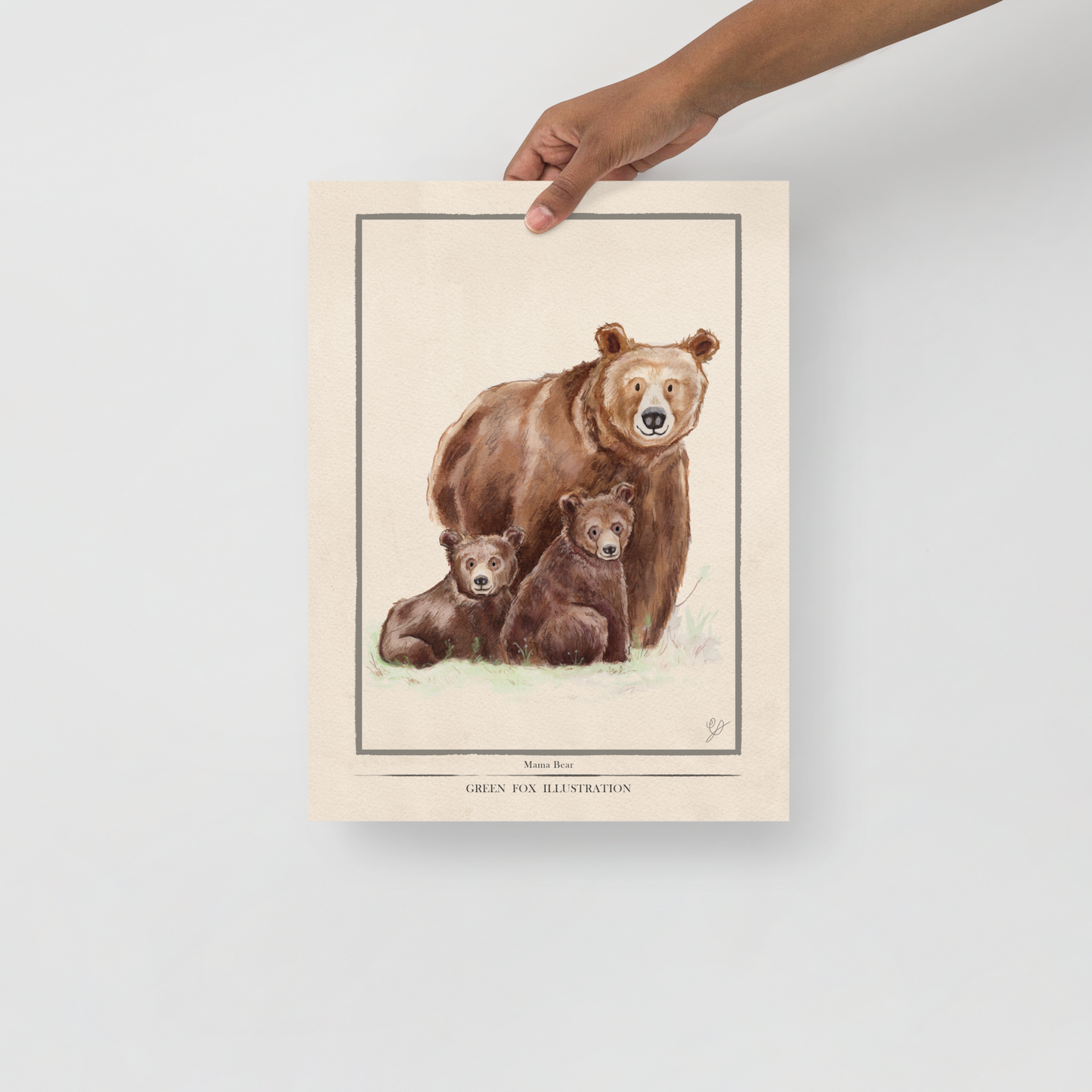 A poster with a watercolour painting of a mama bear and her cubs