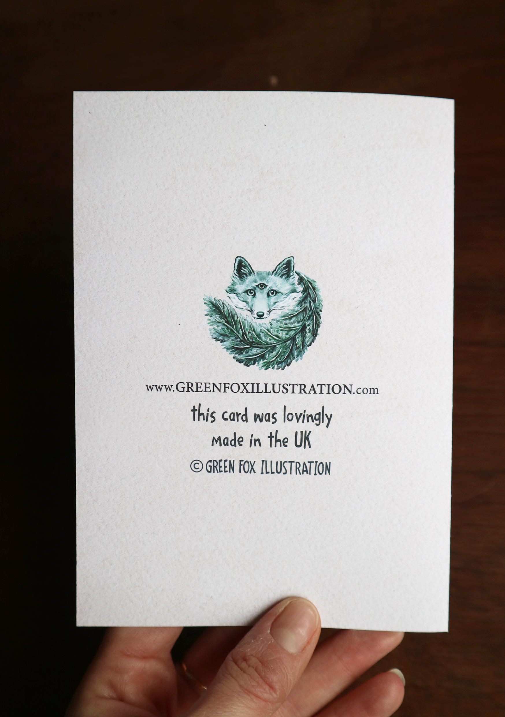 a photo of the back of a thank you greetings card made by green fox illustration